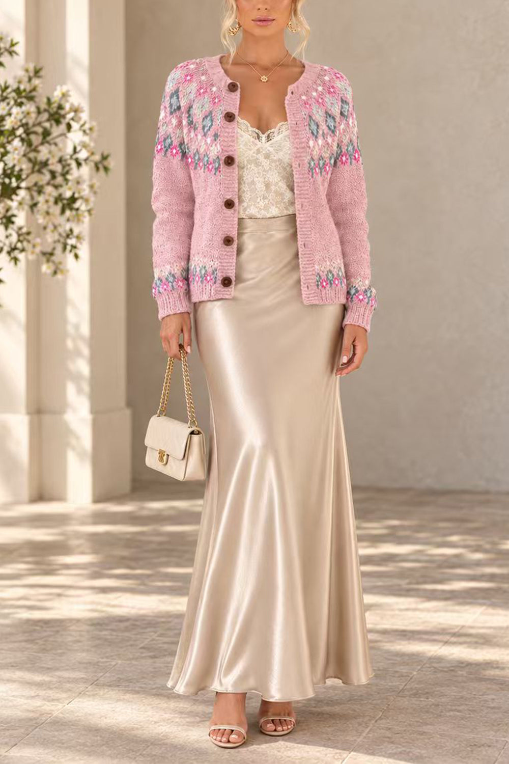 Button Down Printed Sweater Cardigan