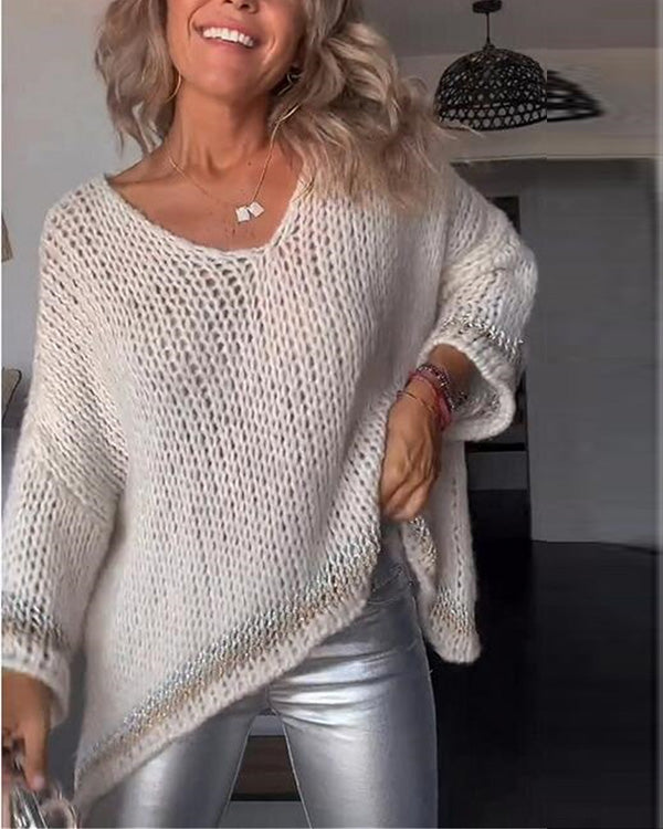 Clidress V Neck Cozy Hollow Out Sweater