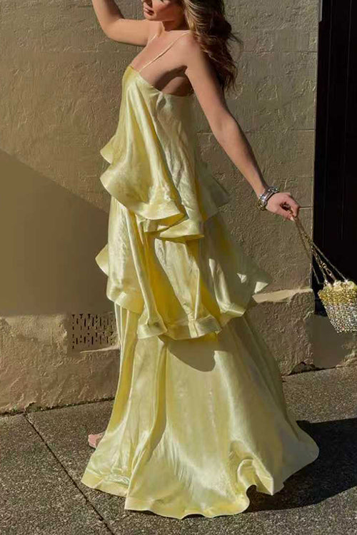 Adjustable Strap Ruffle Layered Satin Maxi Dress