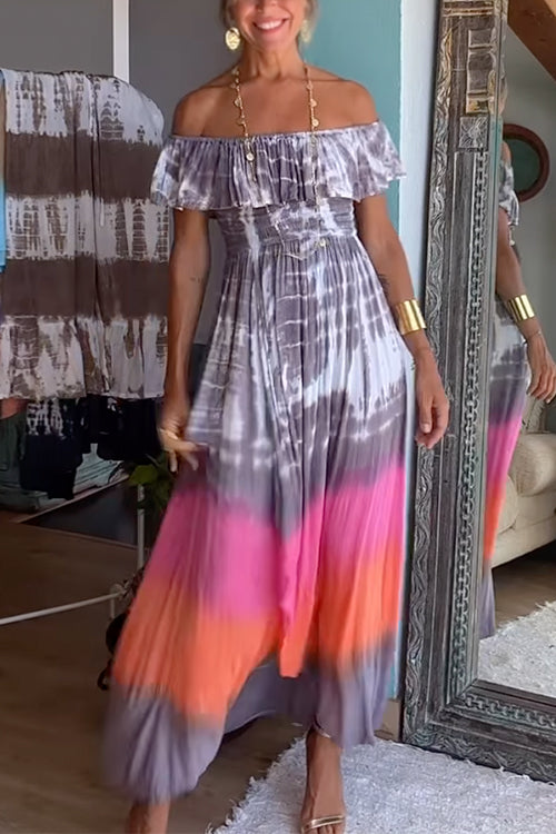 Ruffle Off Shoulder High Slit Tie Dye Maxi Swing Dress