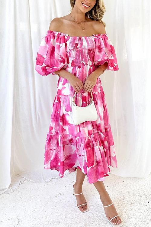 Off Shoulder Puff Sleeves Ruffle Tiered Printed Midi Dress Red