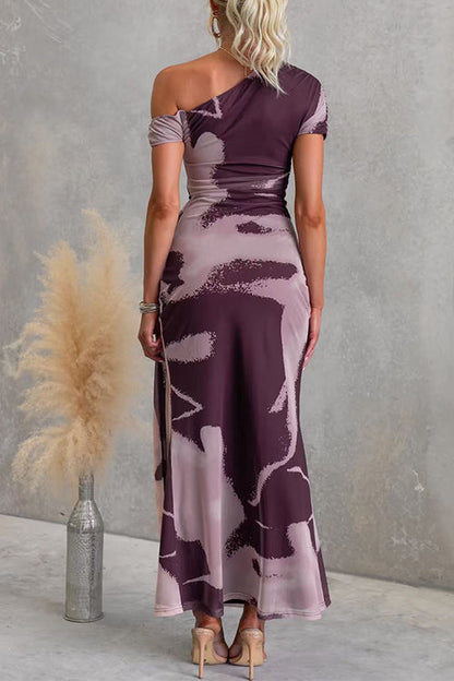 Asymmetrical Shoulder Draped Front Printed Maxi Dress