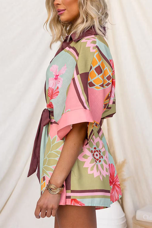 Lapel Button Up Tie Waist Floral Print Romper