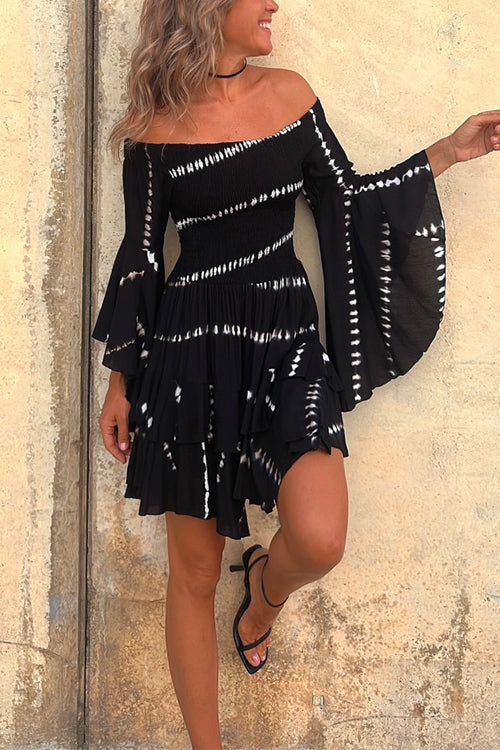 Off Shoulder Bell Sleeve Tie Dye Mini Dress