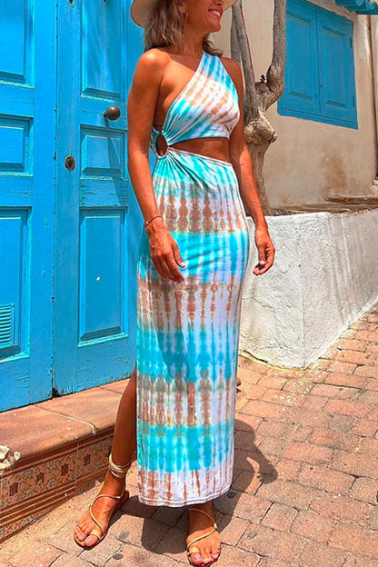 One Shoulder Cut Out Waist Side Split Tie Dye Maxi Dress