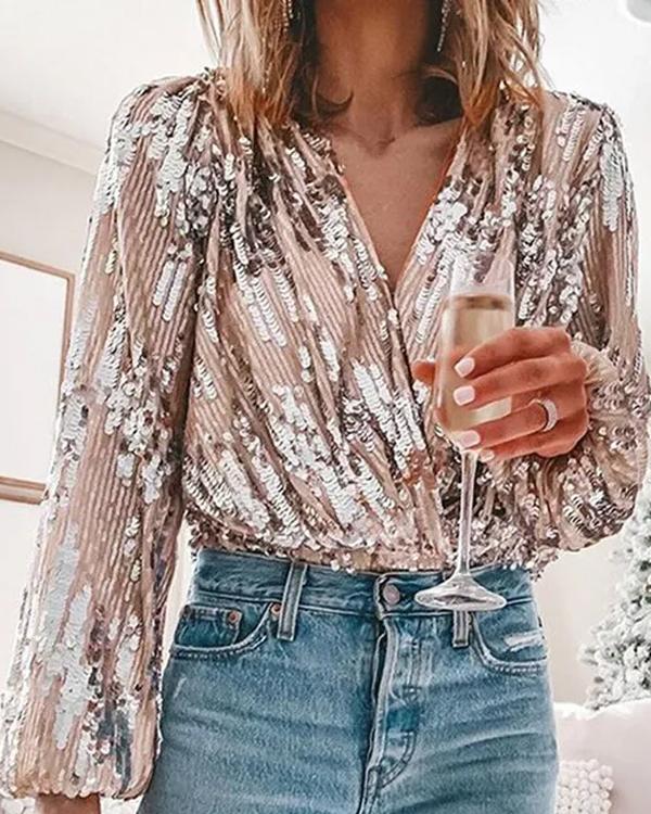 Clidress Diamond Sequin V Neck Cotton Lining Top