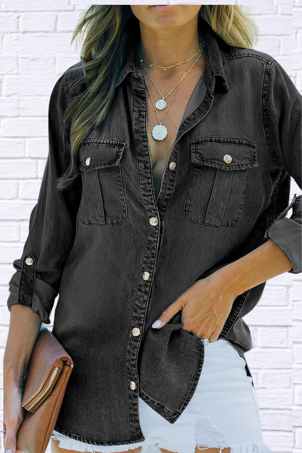 Pocketed Collared Neck Long Sleeve Dandy Denim Top Black