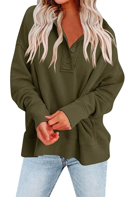 Stand Collar Button Up Pocketed Casual Sweatshirt ArmyGreen