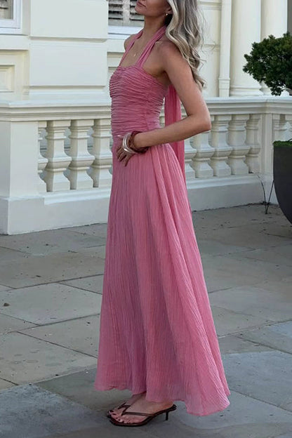 Sleeveless High Waist Ruched Flowy Maxi Dress