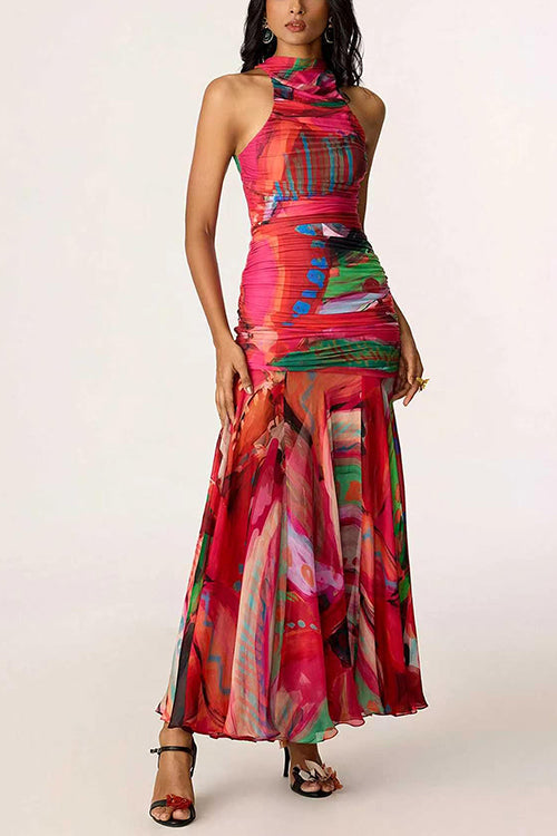 Mockneck Sleeveless Ruched Printed Maxi Dress