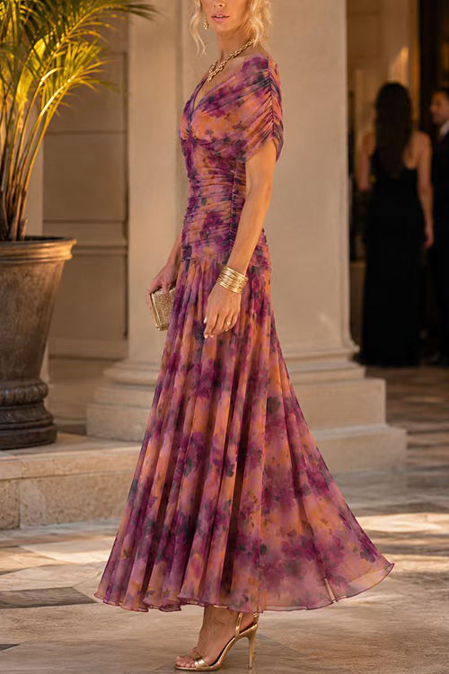 V Neck Short Sleeves Floral Print Maxi Dress