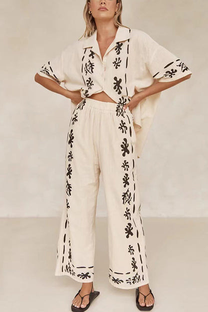 Cotton Linen Short Sleeves Button Down Shirt Elastic Waist Wide Leg Pants Printed Set