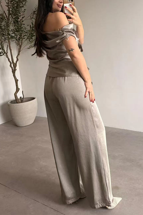 Asymmetrical Shoulder Ruched Top Straight Leg Pants Satin Set