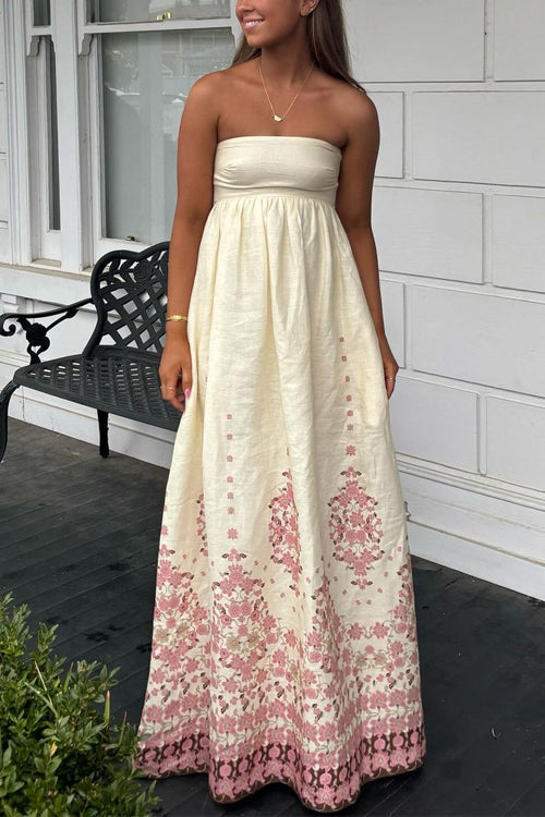 Spaghetti Strap High Waist Floral Print Cotton Linen Maxi Dress