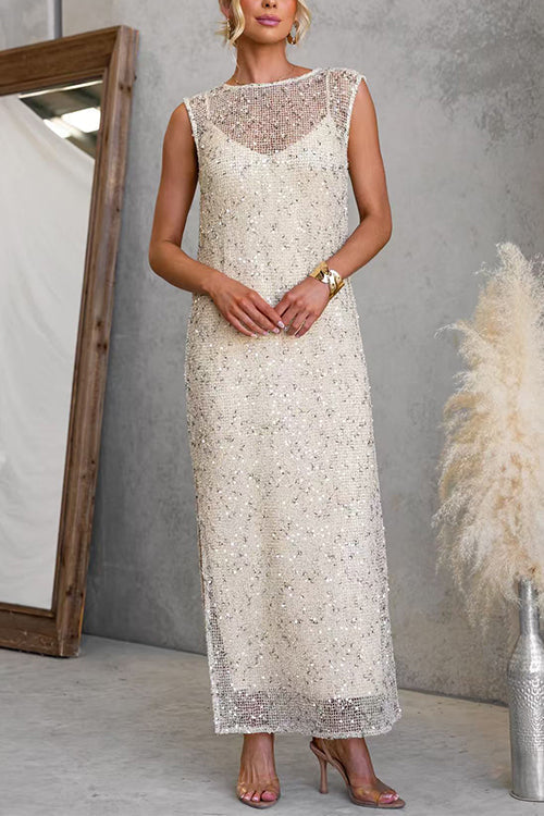 Sleeveless Side Slit Sequin Maxi Dress with Inner Lining