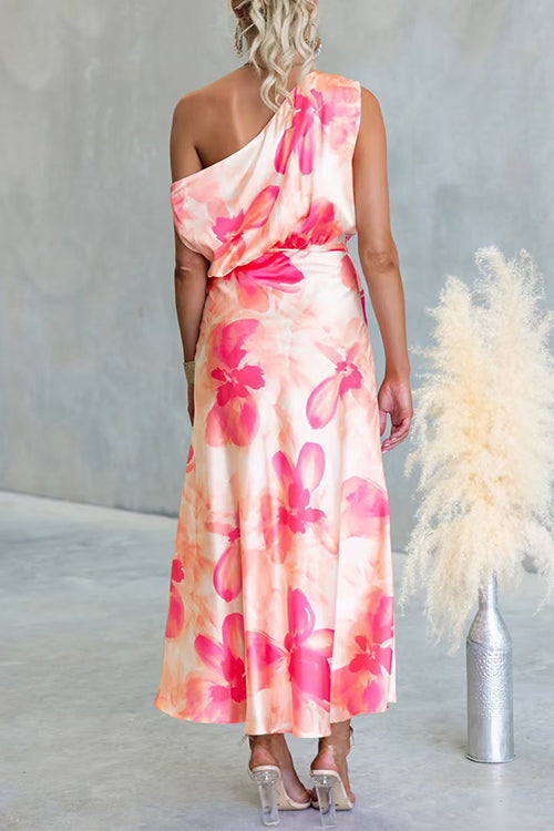 One Shoulder Floral Print Slit Satin Maxi Dress