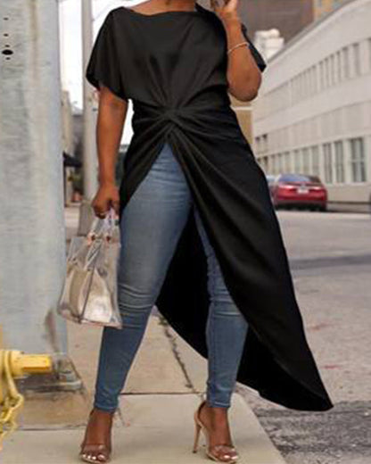 Clidress O Neck Irregular Fork Long T-shirt