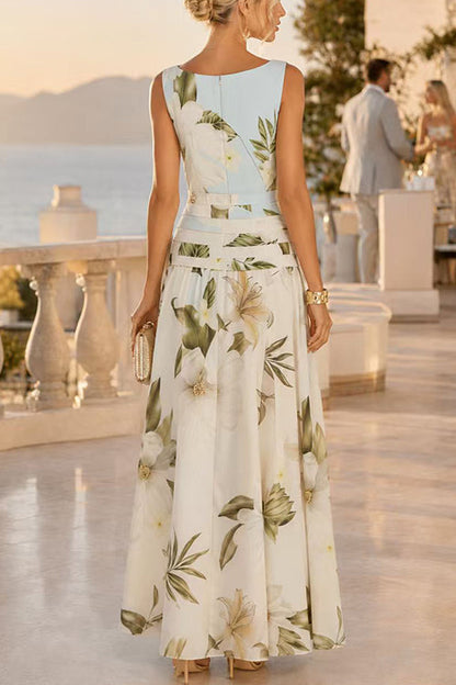 Boat Neck Sleeveless Floral Print A-line Maxi Dress
