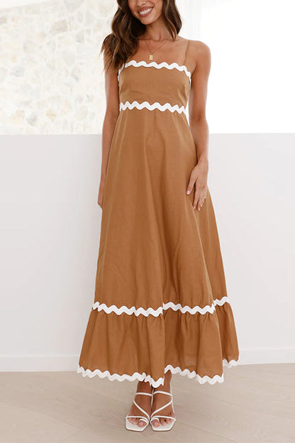 High Waist Ric Rac Print Swing Midi Cami Dress Camel