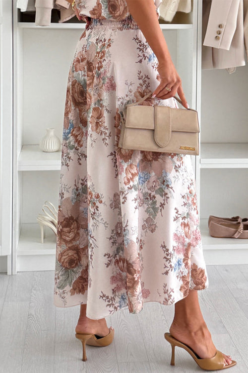 Elastic Waist Floral Print Wide Leg Cropped Pants