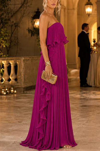 Elegant Strapless Tube Ruffle Pleated Maxi Dress