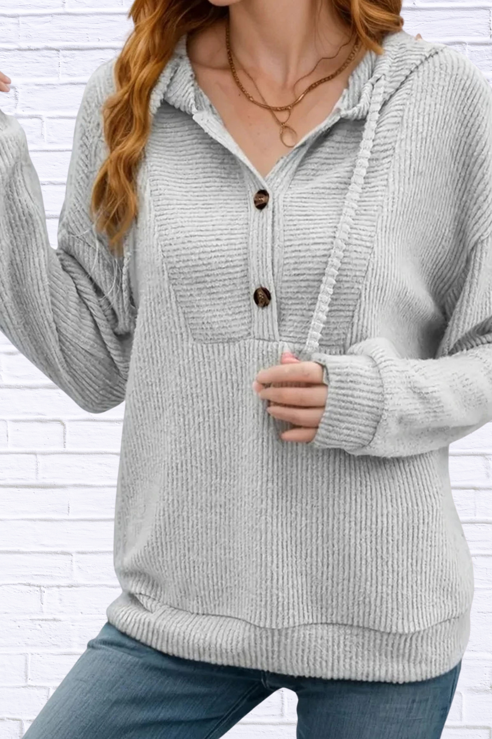 Button-Front Drawstring Hoodie Light Gray
