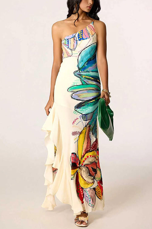 One Shoulder Sleeveless Floral Print Ruffle Slit Maxi Dress