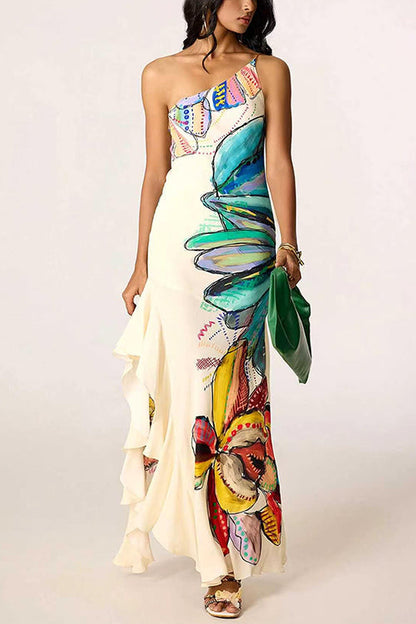 One Shoulder Sleeveless Floral Print Ruffle Slit Maxi Dress
