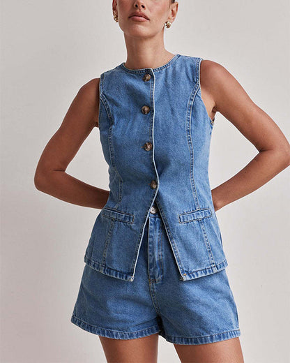 Clidress Denim Tank Top & Jeans Shorts Set
