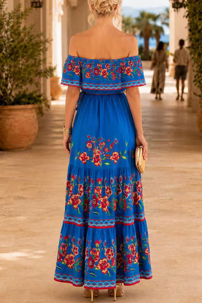 Off Shoulder Bow Waist Floral Print Ruffle Maxi Dress