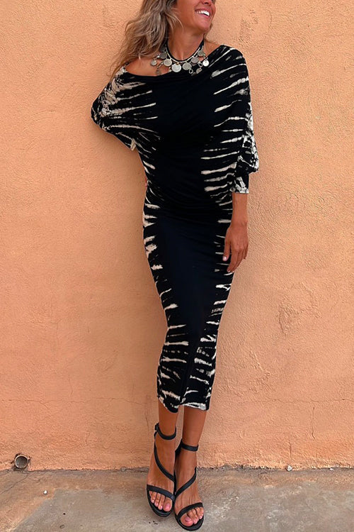 Cold Shoulder Batwing Sleeve Waisted Tie Dye Dress Black