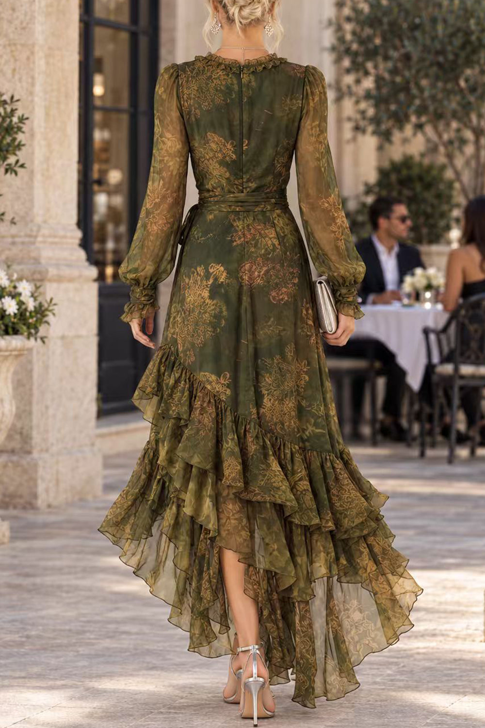 V Neck Long Sleeves Printed Wraped Ruffle Maxi Dress