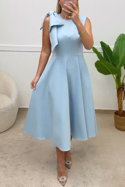 Crewneck Sleeveless Bow Shoulder A-line Midi Dress