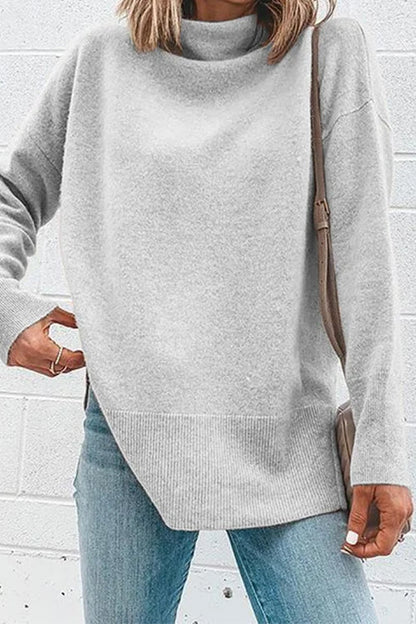Turtleneck Drop Shoulder Long Sleeve Sweater Top Gray