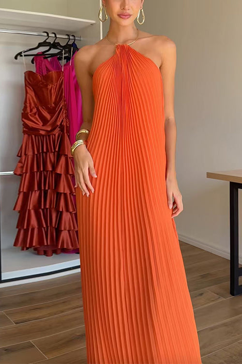 Halter Open Back Pleated Maxi Dress