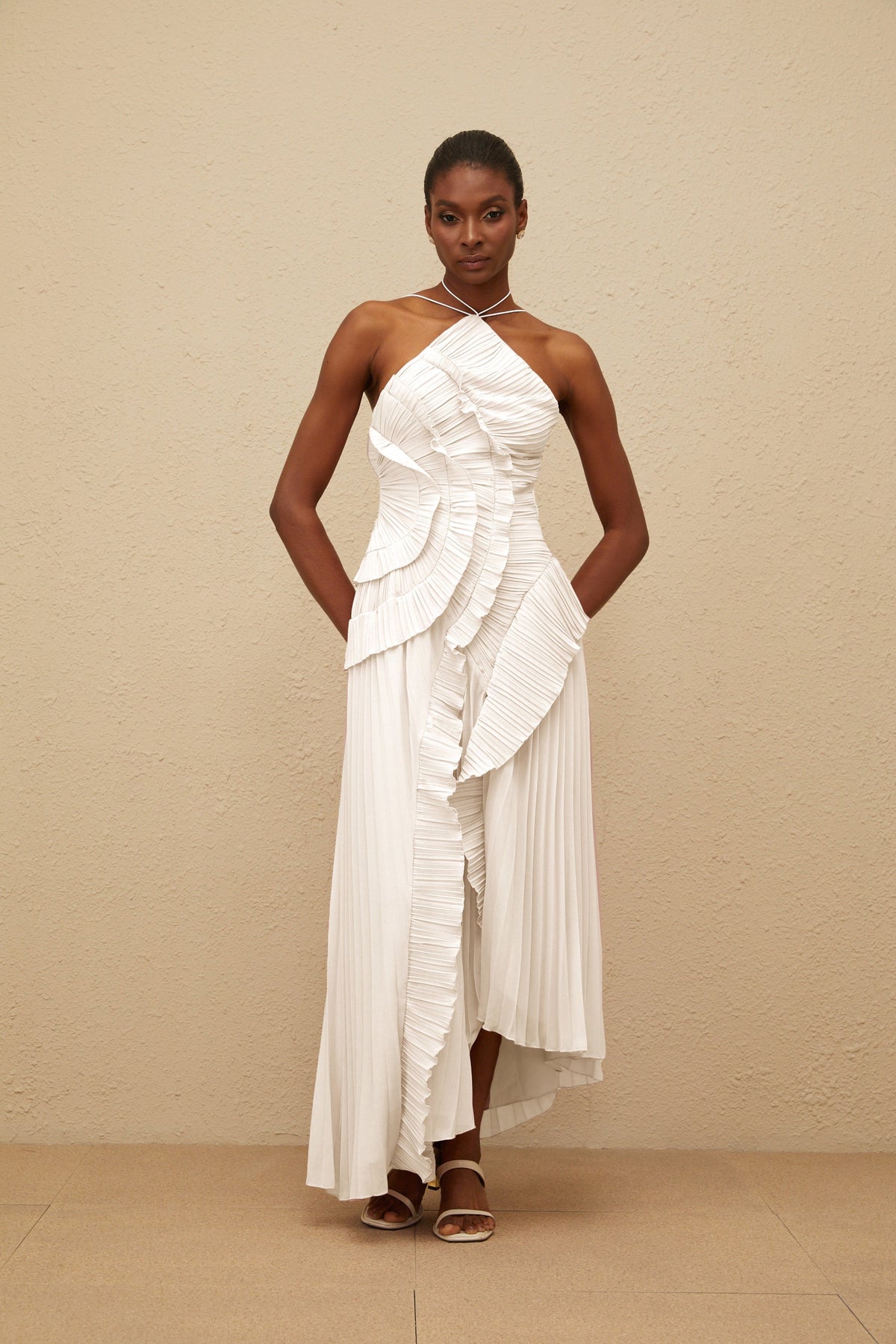 Doux White Ruffled Trim Pleated Midi Dress