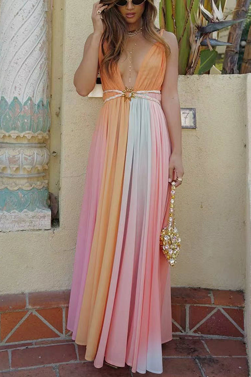 Deep V Neck Sleeveless Rainbow Maxi Dress