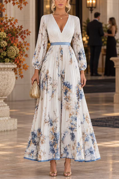 V Neck Lantern Long Sleeves Floral Print Pleated Maxi Dress (A)