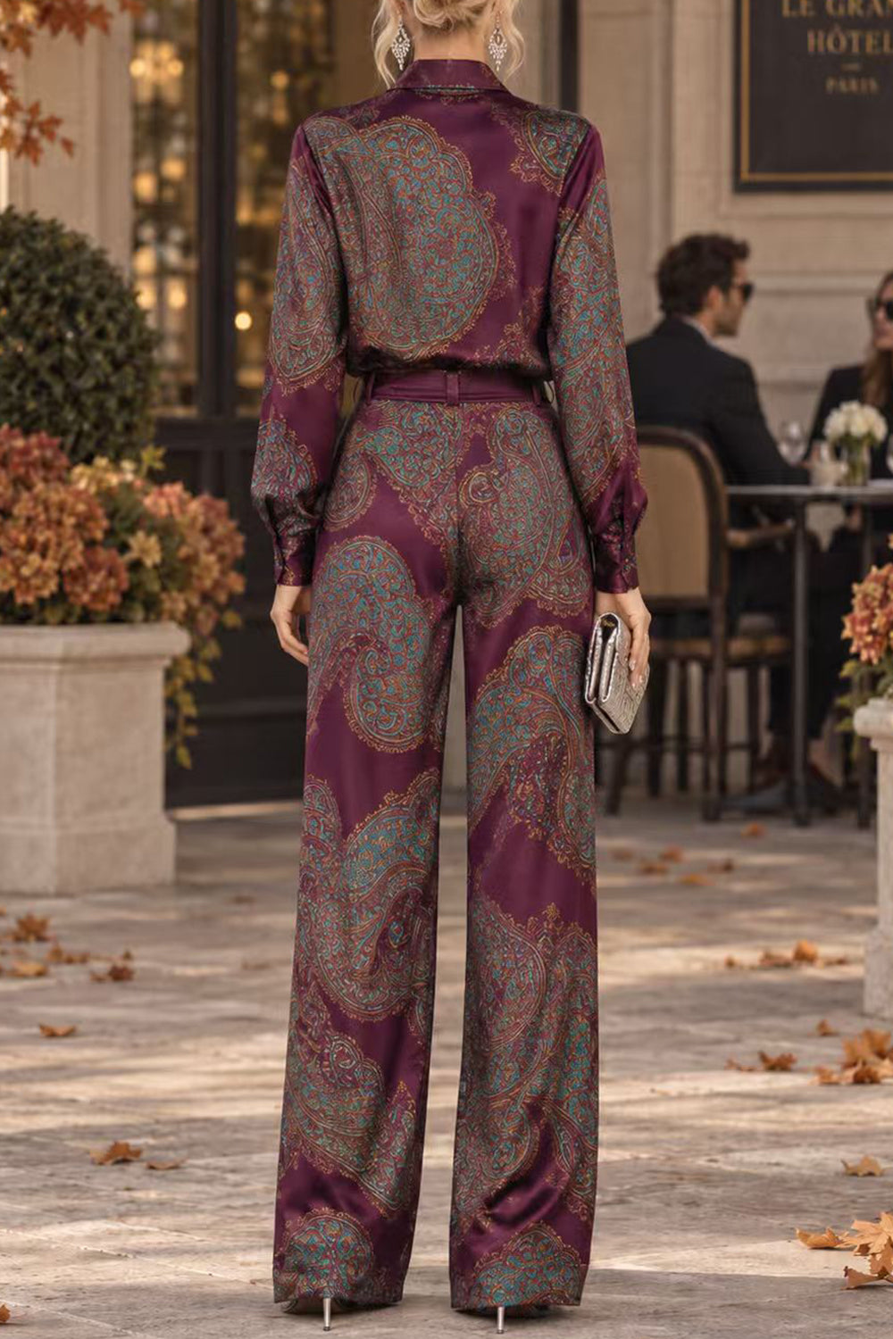 Lapel Long Sleeves Shirt High Rise Pocketed Straight Leg Pants Paisley Print Set (A)