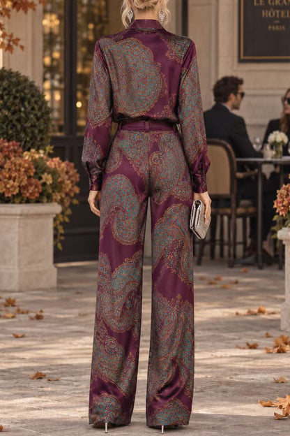 Lapel Long Sleeves Shirt High Rise Pocketed Straight Leg Pants Paisley Print Set (A)