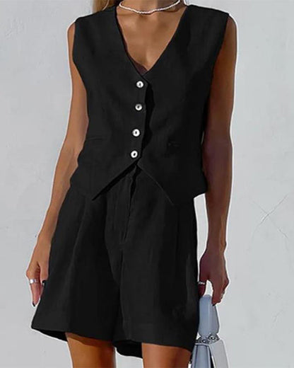 Clidress V Neck Buttons Vest & Shorts Set