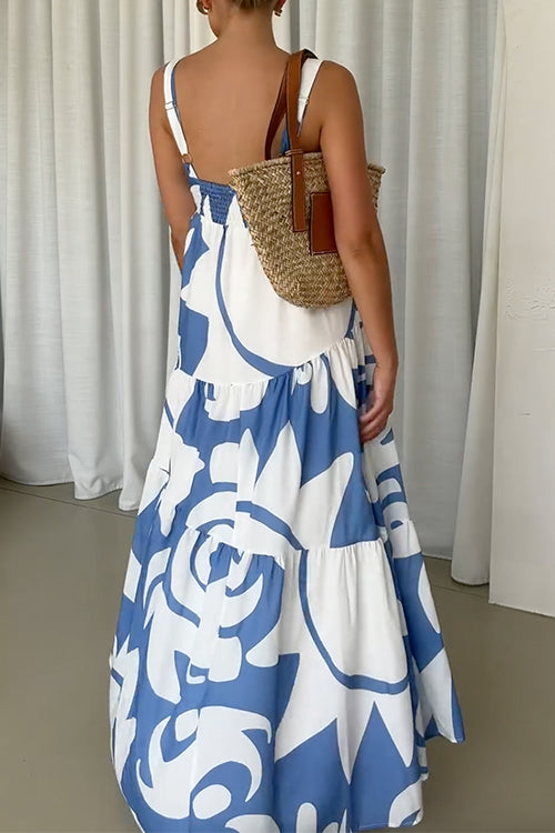 Backless Ruffle Tiered Printed Maxi Cami Dress
