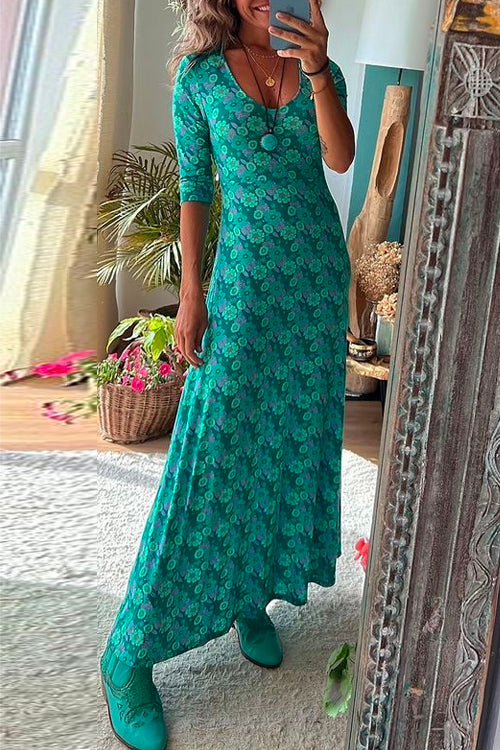 Scoop Neck 3/4 Sleeve Maxi Floral Dress