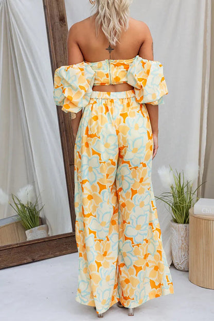 Off Shoulder Puff Sleeves Printed Crop Top