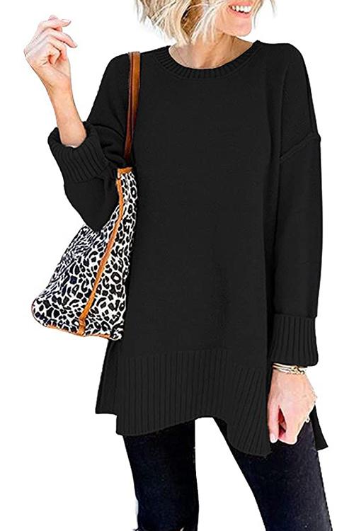 Drop Shoulder Side Split Loose Sweater Black