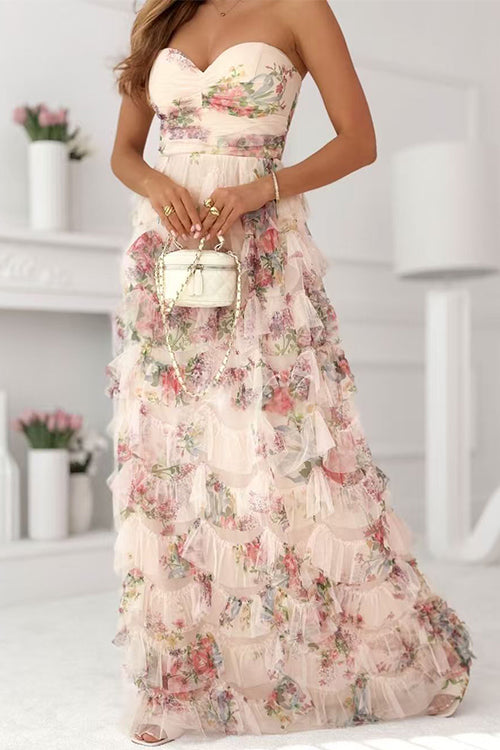 Strapless Floral Print Ruffle Layered Maxi Dress