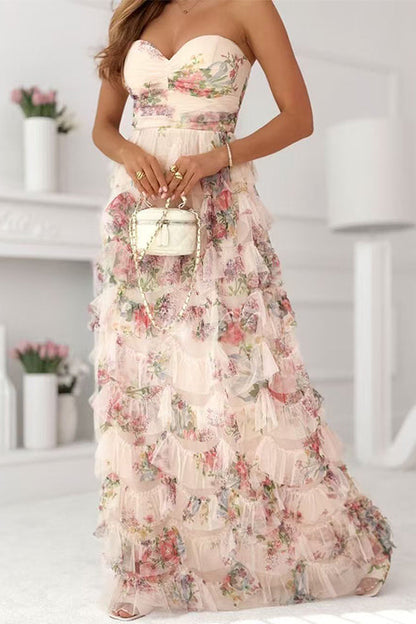 Strapless Floral Print Ruffle Layered Maxi Dress