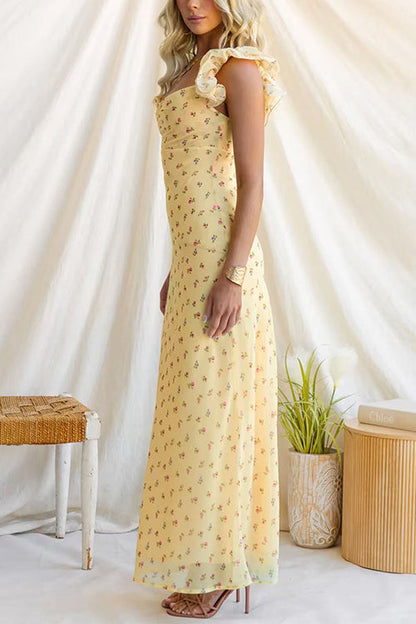 Ruffle Sleeves Floral Print Mesh Overlay Maxi Dress