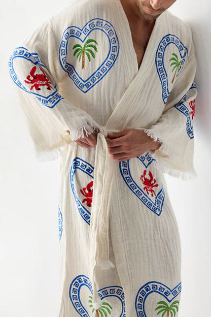 Raw Hem Tie Waist Printed Beach Vacation Kimono Maxi Dress