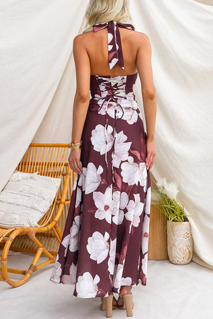 Halter V Neck Back Lace-up Floral Print Maxi Dress